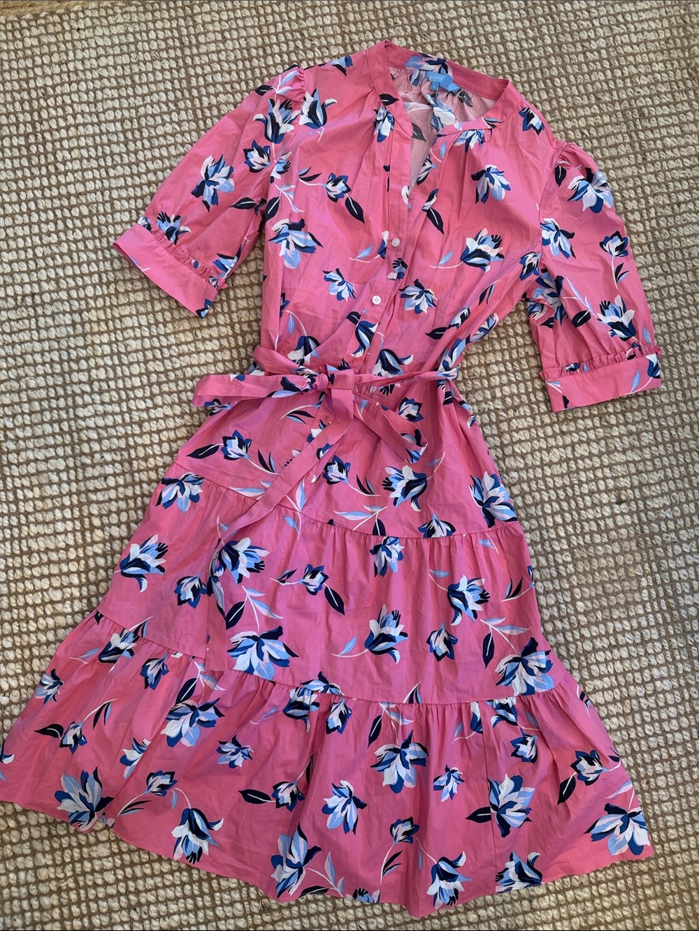 Draper James Coral Pink Floral Blouse with Blue Accents